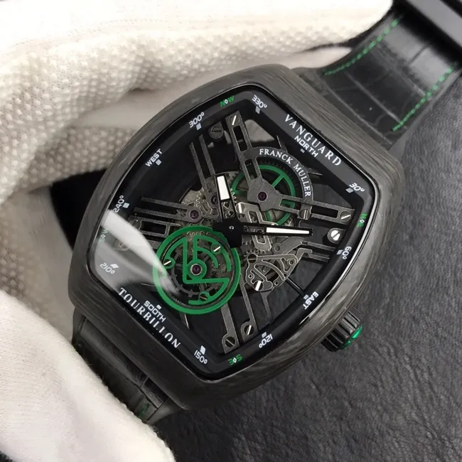 Frank Muller top-tier watch men's black dial black belt fully automatic movementleather strap watch front view