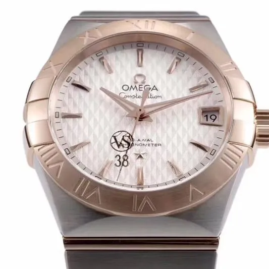Omega temperament model vs Constellation high-quality temperament model 8500 mechanical watch white dialrose gold front view