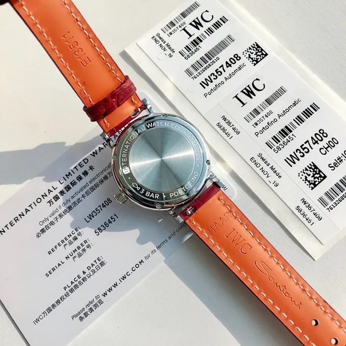 top-tier watch IWC women's white dial Portofino automatic movementleather strap watch front view