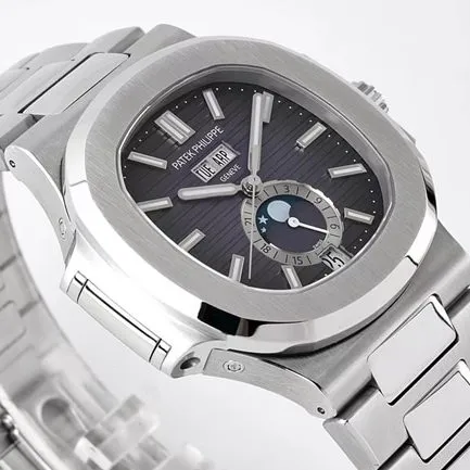 PPF Factorytop-tier replicaPatek Philippe men's black dialsteel braceletRef.5726/1A Nautilus series annual calendar automatic movement watch front view