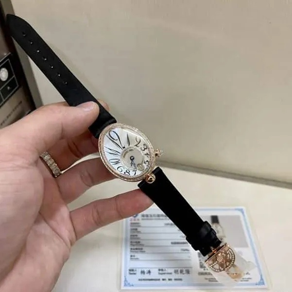 Real gold and real diamond Baoji top-tier watch queen series rose gold ladies diamondleather strap watch front view