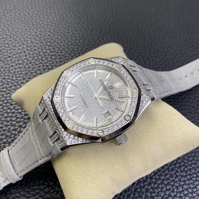Audemars Piguettop-tier watch men's white dial gray belt Royal Oak series fully automatic movementleather strap front view