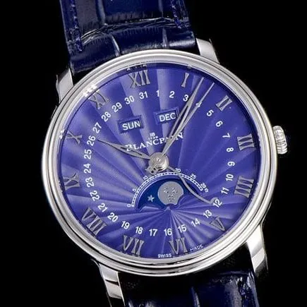 OM Factorytop-tier watch Blancpain automatic movement men's blue dial blue belt villeret classic leather strap watch front view