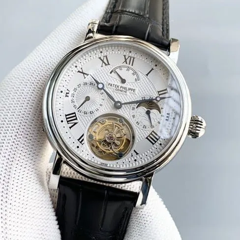 top-tier watch Patek Philippe men's white dial black belt automatic complex function series tourbillonleather strap watch front view