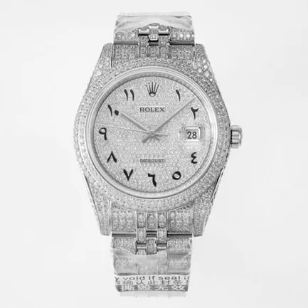 TW factory top-tier replicaRolex men's white dialsteel braceletDatejust series full diamond 18k gold full automatic movement watch front view