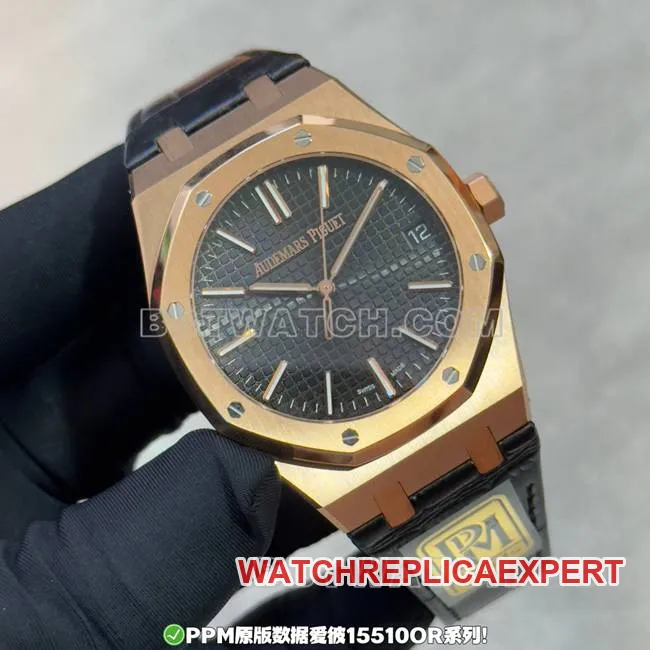 Top watch PPM factory Royal Oak Audemars Piguet black dial rose gold leather strap front actual photo