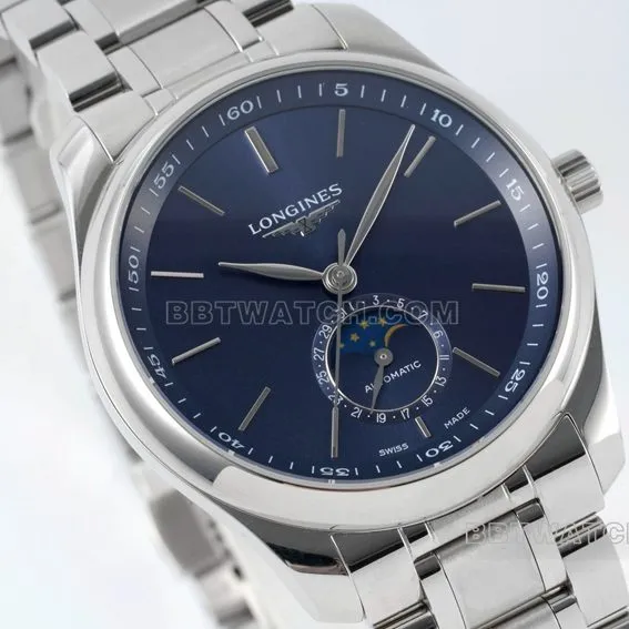 APS factory Longines watchmaking tradition 1:1top-tier replicablue dialmoon phasesteel bracelet model L2.909.4.92.6front live photo