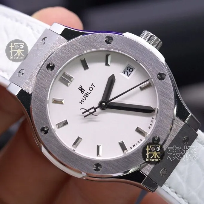 hbHublot1:1replica hand bezel diamond gray circle ladies' watchwhite dial white leather bracelet front view