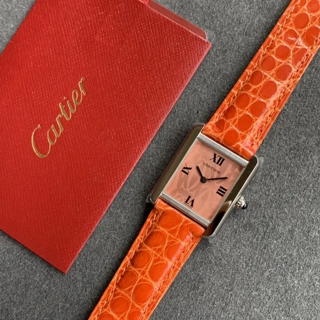 K11 factory top-tier watch Cartier women's tank series pink plate orange belt automatic movementleather strap watch front view