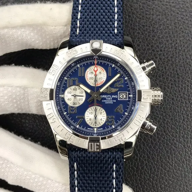 top-tier replicaBreitlinghigh-quality men's blue dial nylon strap Avengers chronograph fully automatic movement watch front view