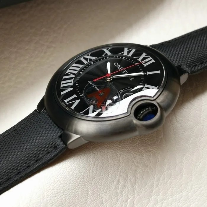 top-tier watch Cartier men's black dial blue balloon mechanical leather strap watch front view