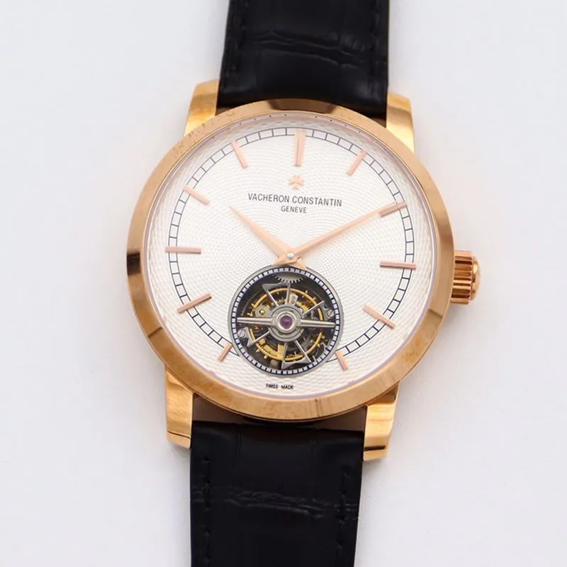 Vacheron Constantintop-tiersuper watch Traditionnelle series tourbillonwhite dialleather strap men's gold watch front view