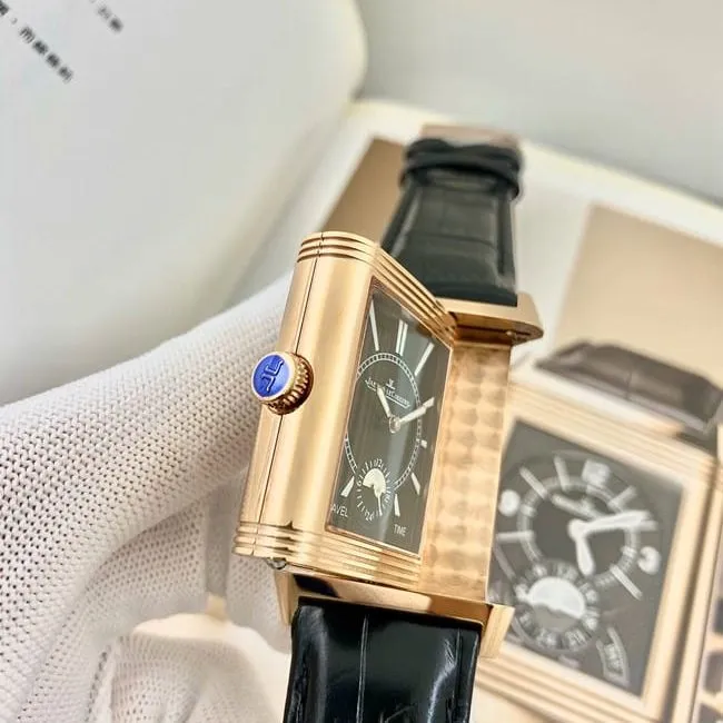 top-tier watch Jaeger-LeCoultre men's white dial flip series black belt manual winding watch detail shots