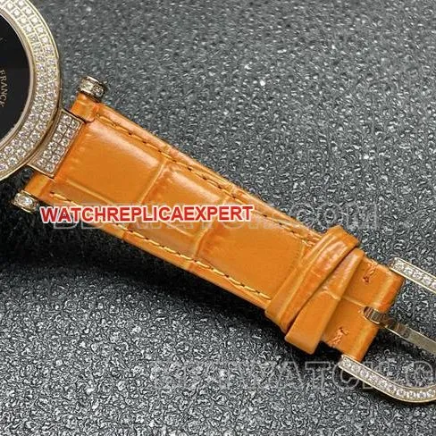 watch frank mill quartz ABF factory black dial gold diamond bezel orange leather braceletfront live photo