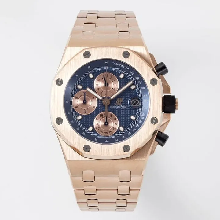 APF factory Audemars Piguet men's Royal Oak offshore watch dark blue dialrose goldsteel bracelet model 26238OR.OO.2000OR.01front live photo