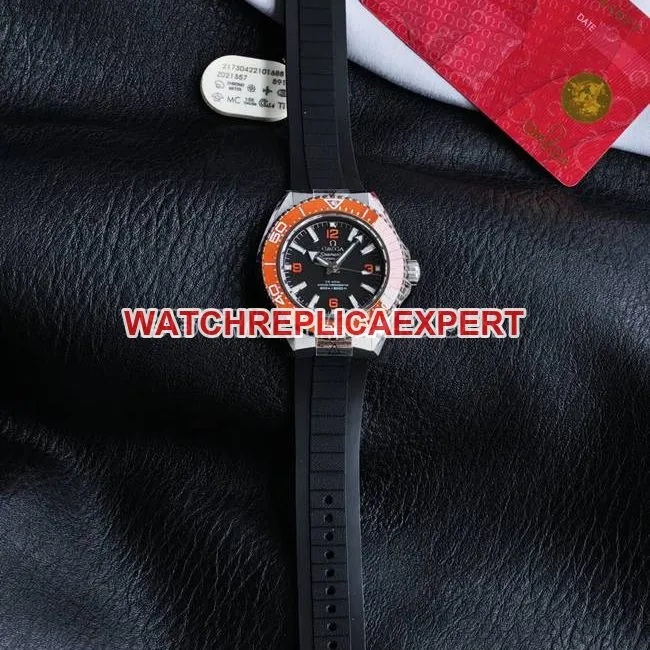 watch VS FactorySeamaster 600m black dial orange bezel black braceletfront live photo
