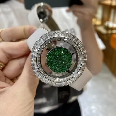 top-tier Jack Bao watch green dial white leather strap ladies quartz front view