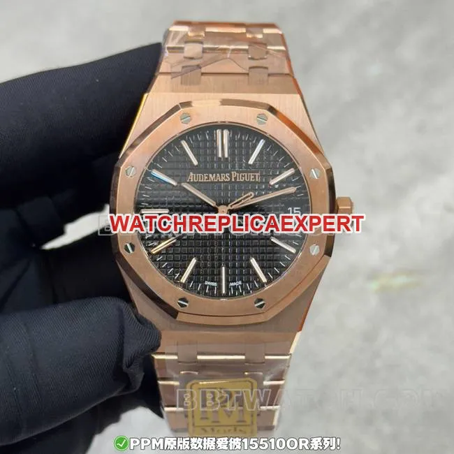 watch PPM factory Royal Oak Audemars Piguet black dial rose gold steel band front real shot photo
