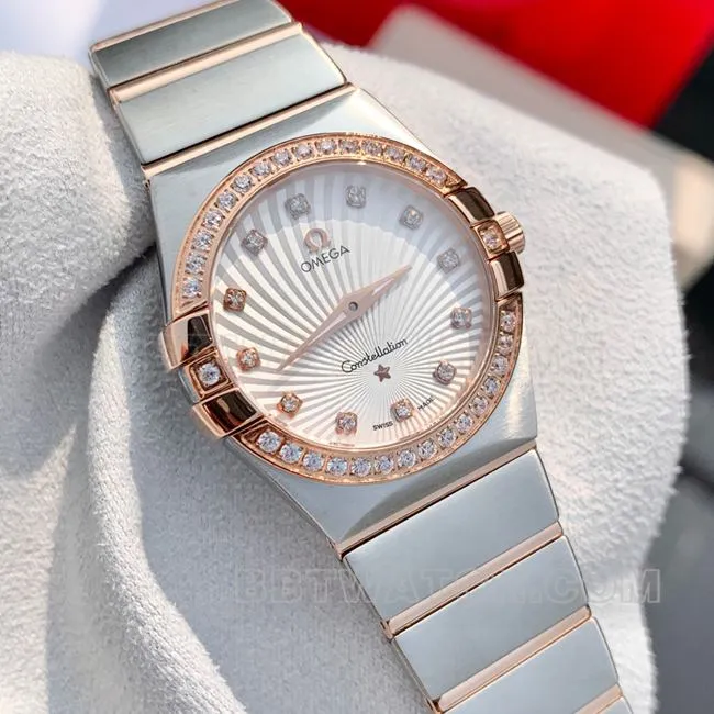 Top-Quality Watch: Omega Constellation with White Dial and Rose Gold Diamond Bezel, 28 mm, Quartz—Front View (Actual Photos)