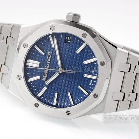 APS factory Audemars PiguetRoyal Oaktop-tier replicablue dialsteel bracelet model 15510ST.OO.1320ST.06front live photo
