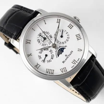 Top-tier watch Blancpain manual winding mechanical men's white dial black belt classic series leather strap watch front view