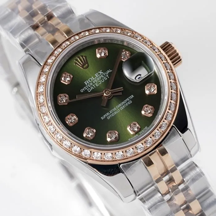 top-tier watch Rolexladies' watchgreen dialDatejuststeel bracelet front view