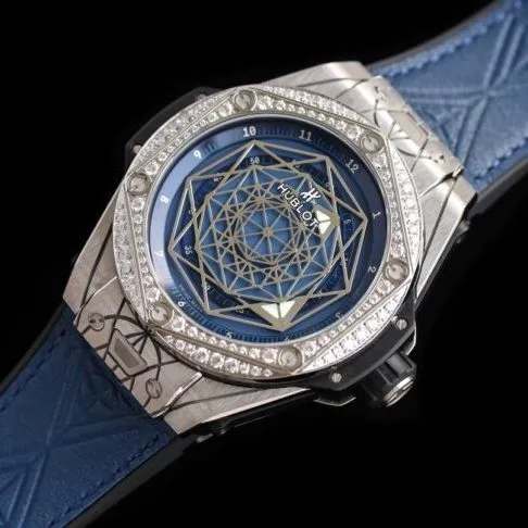 top-tier watch Hublot series tattoo OEM1:1 open mold white steel blue dial ring diamond men's mechanical watch front view