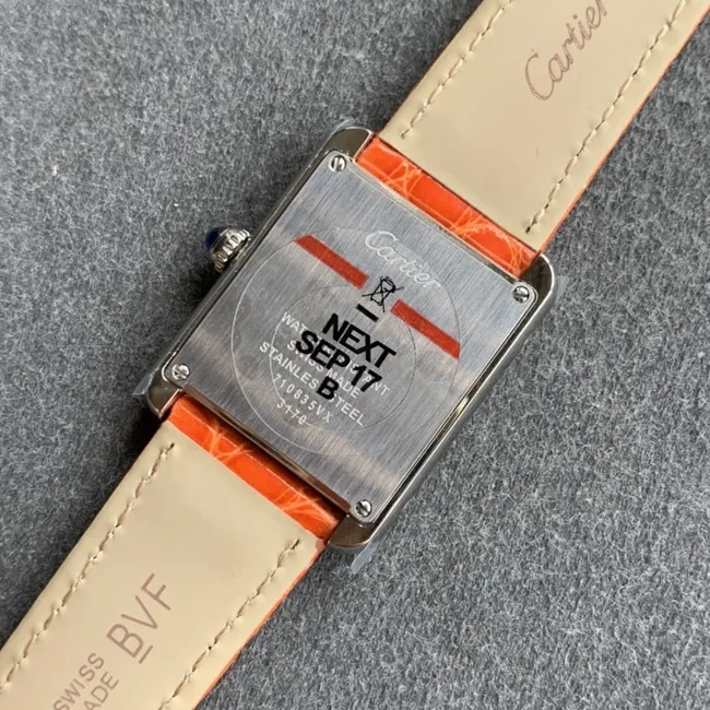 K11 factory top-tier watch Cartier women's tank series pink plate orange belt automatic movementleather strap watch front view