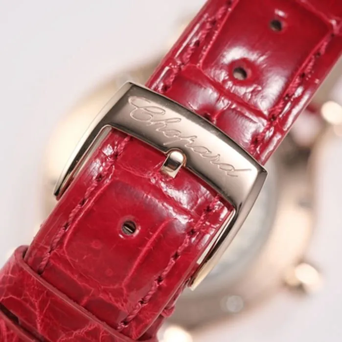 top-tier watch Chopard women's white dial red band happy diamond series leather strap watch front view