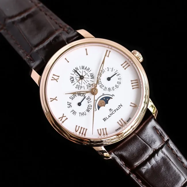 top-tier watch Blancpain classic series 6656 men's white dial brown belt automatic movementleather strap watch clasp picture