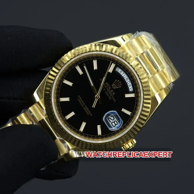 Rolex top collectible watches men's black plate gold band double calendar automatic mechanical front view