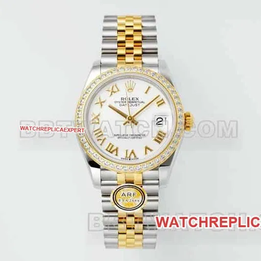 ARF FactoryRolex log 1:1super clonewhite dialdiamond bezel31mm gold five-lattice chain link278383front live photo