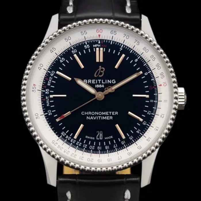 top-tier watch Breitling men's black dial aviation chronograph1 series leather strap watch front view