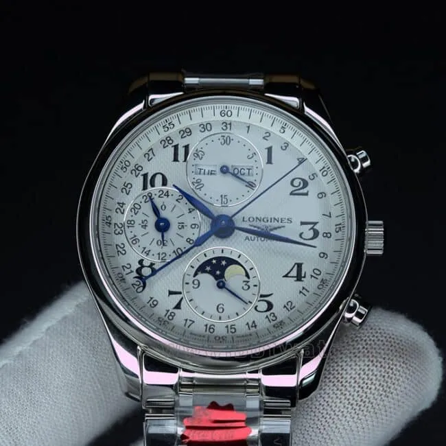 KL factory top-tier watch Longines famous craftsman series eight-pin moon phase 40 diameter steel bracelet men's white dial automatic movement watch front view