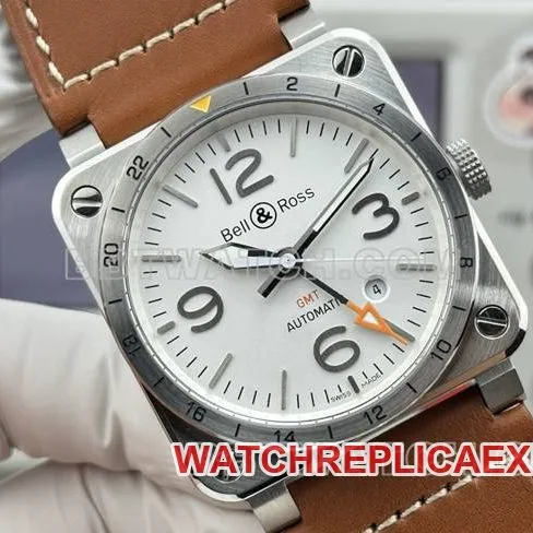 1:1replica watch Bell & Ross white dial 42mm dual time zone leather strap model front live photo