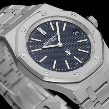 top-tier watch Audemars PiguetRoyal Oak two-hand mechanical movement15202 white steel blue bottom men's watch front view