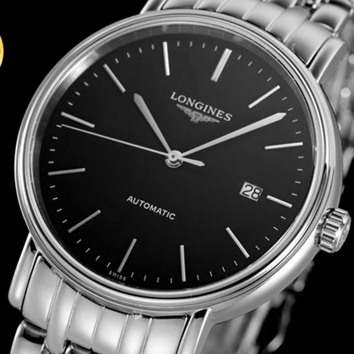 top-tier watch Longines men's black dialsteel bracelet magnificent series watch front view