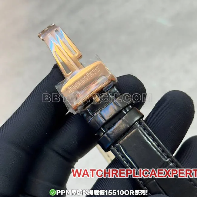 Top watch PPM factory Royal Oak Audemars Piguet black dial rose gold leather strap front actual photo