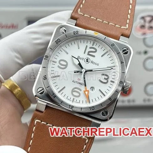 1:1replica watch Bell & Ross white dial 42mm dual time zone leather strap model front live photo