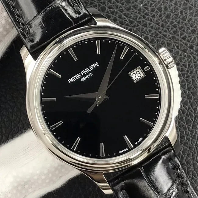 3k factory top-tier watch Patek Philippe men's black dial black belt automatic movementleather strap watch front view