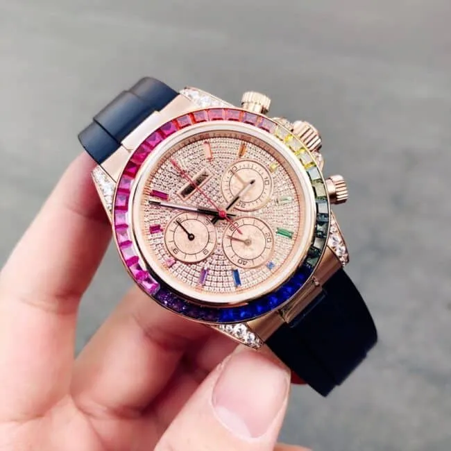 top-tier watch Rolex new Daytona rainbow di rubber full diamond 18K gold mechanical men's watch front view