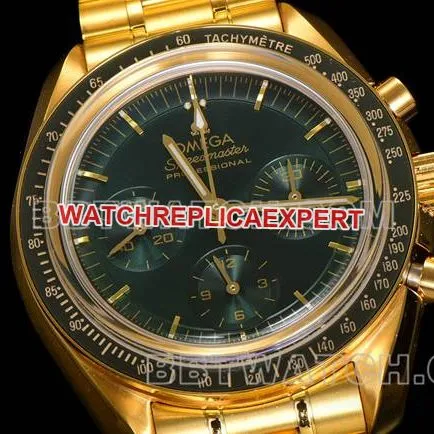 1:1replica watch N1 factory Speedmaster Omegagreen dialyellow goldsteel bracelet model front live photo