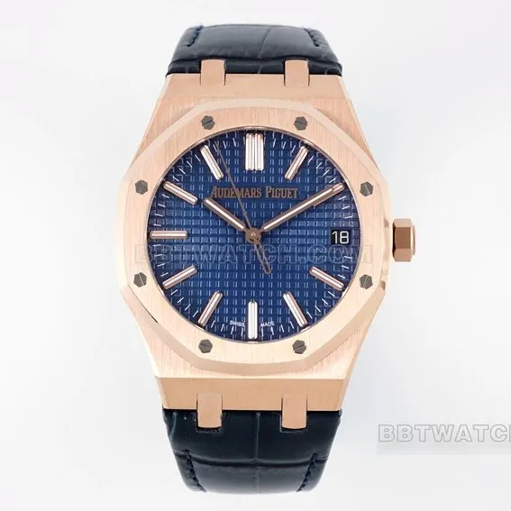 APS factory Audemars PiguetRoyal Oaktop-tier 1:1high-quality replicablue dialrose goldleather strap model 15510OR.OO.D315CR.02front live photo
