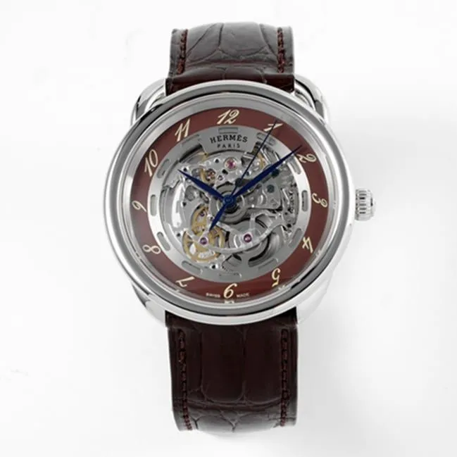 top-tier watch Hermès men's gray plate brown belt automatic movementleather strap watch front view