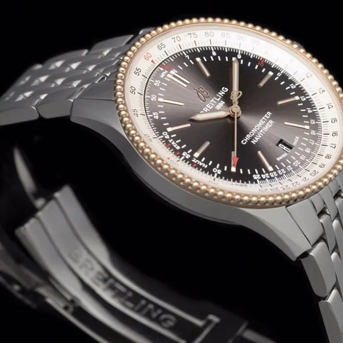 top-tier watch Breitling men's black dial aviation chronograph1 series steel bracelet watch side view