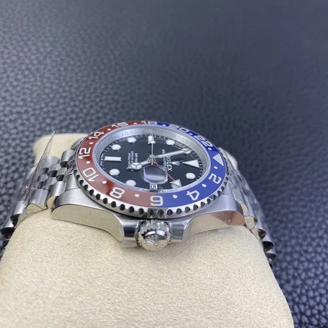 New top Rolex GMT-Master II red and blue "Coke" bezel automatic mechanical steel band men's watch, Jubilee bracelet, front view