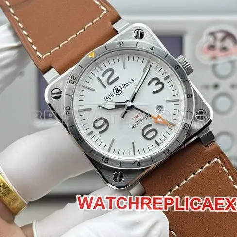 1:1replica watch Bell & Ross white dial 42mm dual time zone leather strap model front live photo