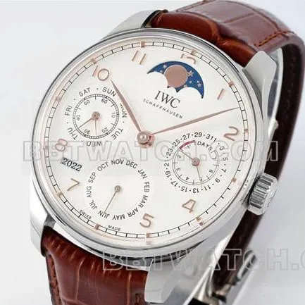 collectible watch APS factory Portugal IWC perpetual calendar white dial brown braceletfront live photo