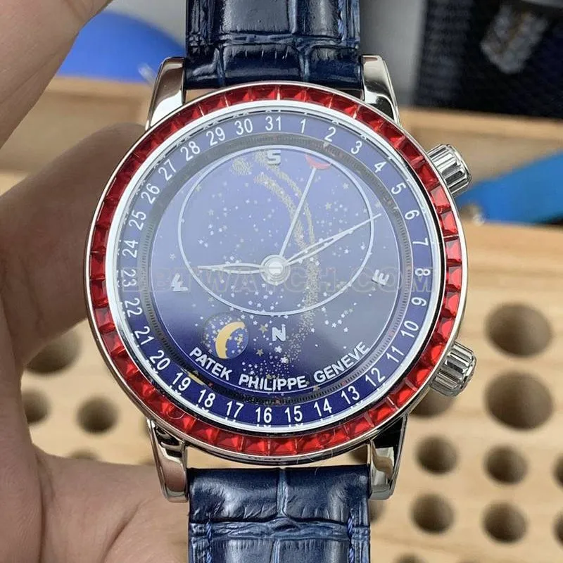 Patek Philippe collectible watch 3K Factory super complication timepiece blue dial red diamond bezelleather strap model front live photo