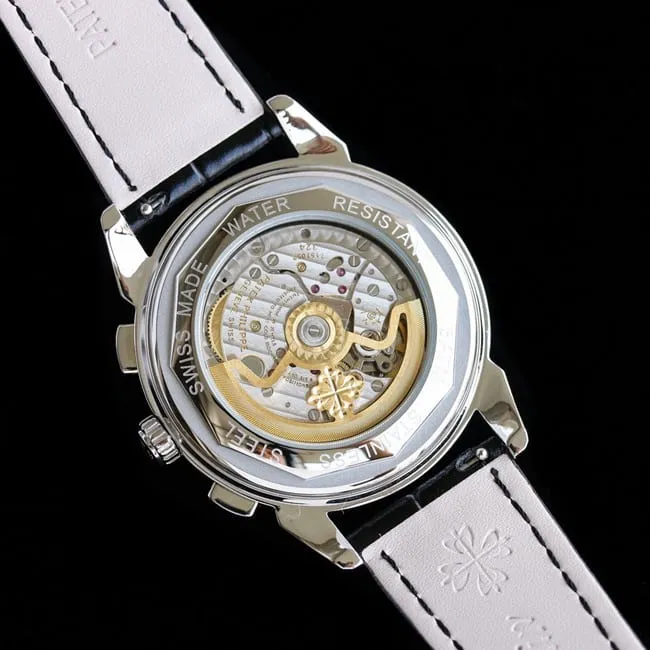 PFF factory top-tier watch Patek Philippe men's black dial black belt super complex function chronograph series leather strap watch front view